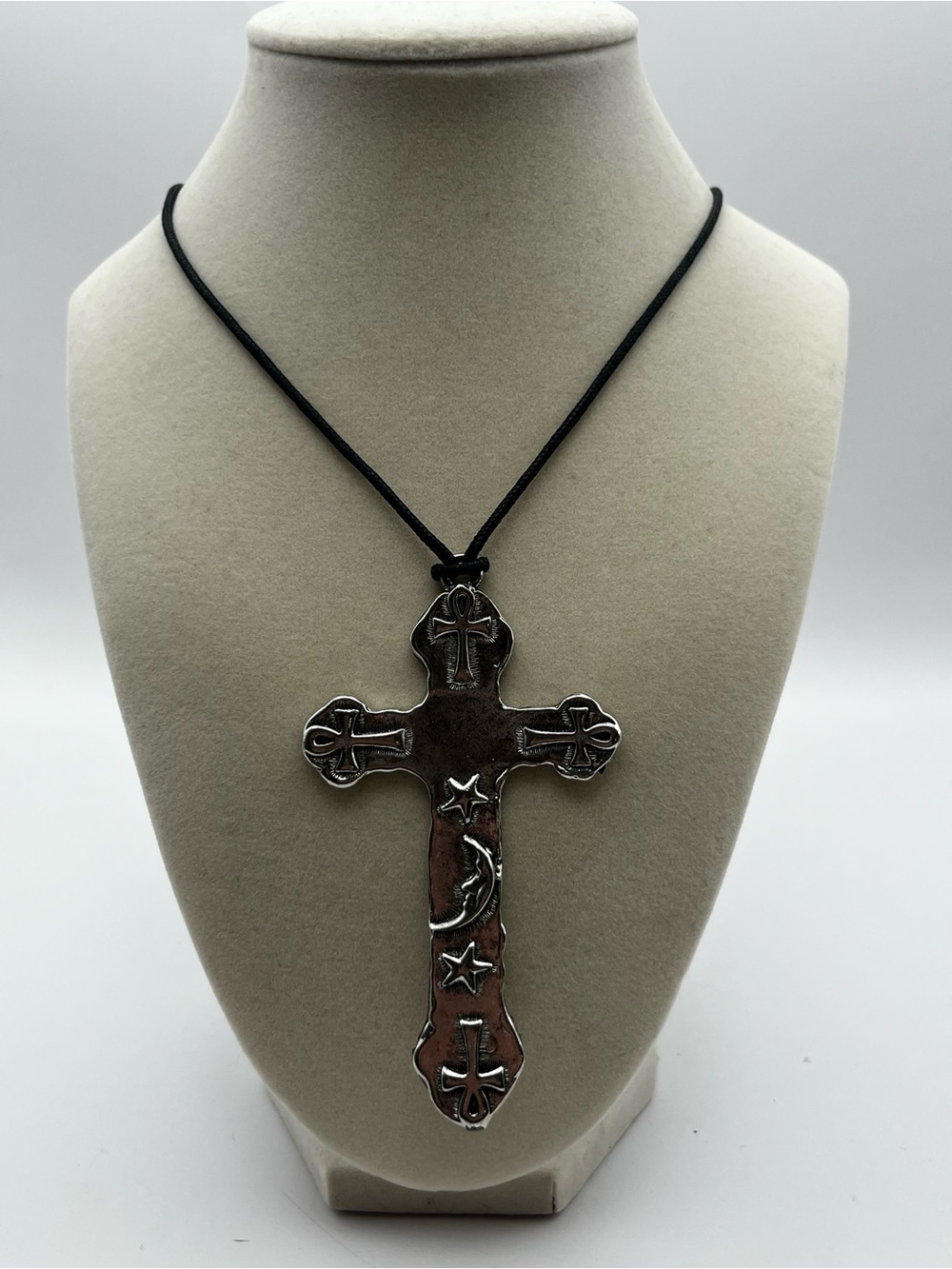 Large Decorative Cross Pendant Necklace in Brown and Silver